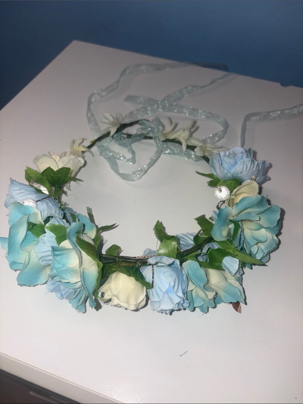 Floral Crown Headband - Light Blue and Cream